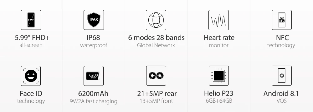 Глобальная версия Vernee V2 Pro IP68 водонепроницаемый прочный мобильный телефон Android 8,1 6 ГБ ОЗУ 64 Гб ПЗУ NFC сотовый телефон 6,0 дюймов 6200 мАч