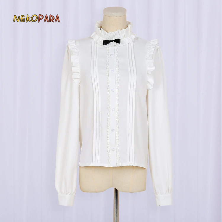 Blouse Стильный костюм в стиле милитари с ласточкиным хвостом, зимний женский комплект: длинный рукав, фрак, Тренч+ белая блузка+ шорты в стиле Лолиты с перекрестными завязками - Цвет: Blouse