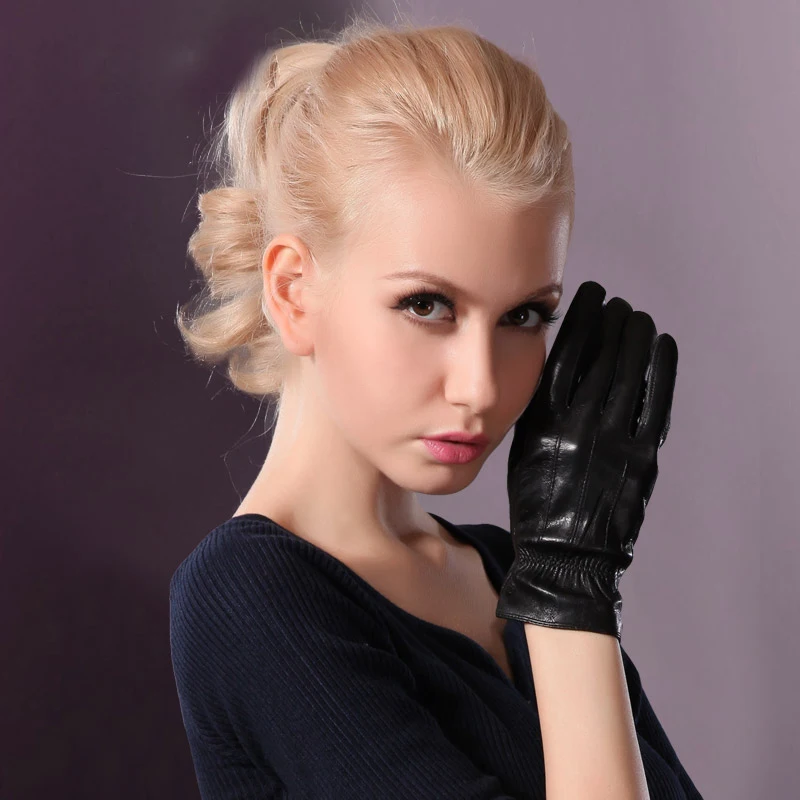 Genuine Leather Gloves Female Spring Autumn Thin Style Smooth Nylon Lining Black Woman's Sheepskin Gloves TU5803