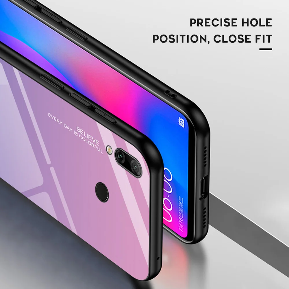 

For Huawei Y6 2019/Honor 8A/Y7 2019 Luxury Aurora Gradient Tempered Glass Back Case Fundas Anti Scratch Shockproof Hard Cover