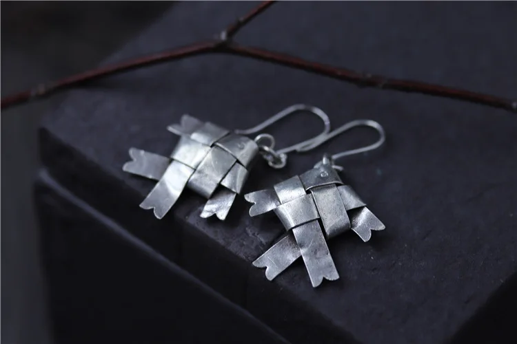 

C&R Real 925 Sterling Silver Earrings for Women Braided Silver Bar Fish Shape Thai Silver Drop Earrings Handmade Fine Jewelry