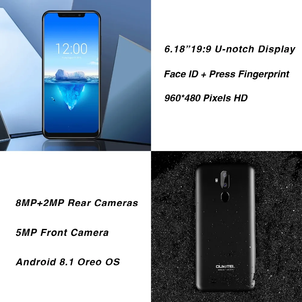 OUKITEL C12 Face ID 6 18 &quot19:9 Android 8 1 3300 мАч смартфон MTK6580 четырехъядерный 2 Гб ОЗУ 16 ПЗУ