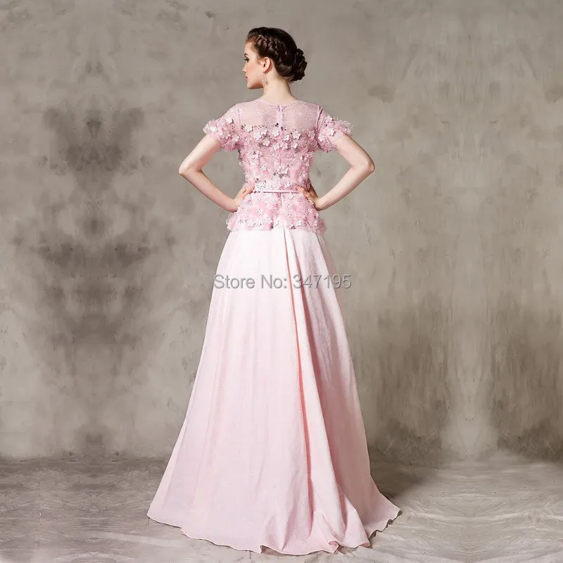 PD1633 A line pink short sleeve prom dress with straps and flowers | Свадьбы и торжества