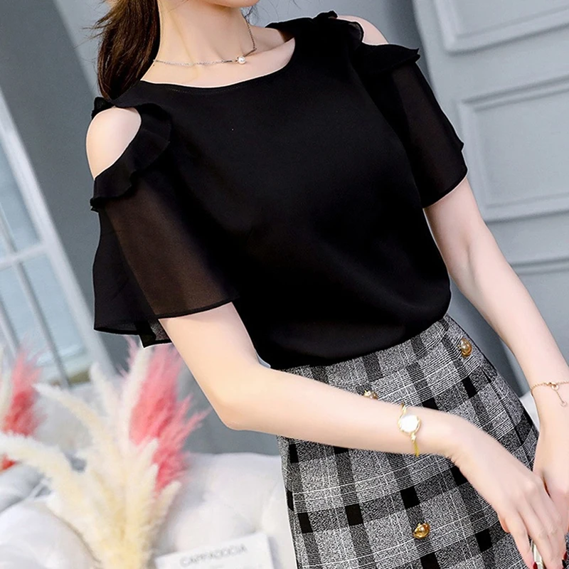 Женские блузки с открытыми плечами белые повседневные свободные шифоновые