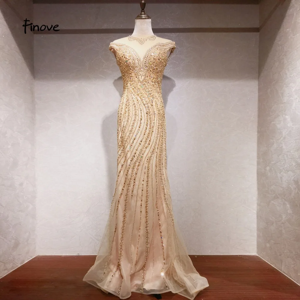 Finove New Robe de soiree Evening Dress Long 2020 Champagne Chic Fully Beaded Crystal Elegant Mermaid Woman Party Dresses Gowns | Свадьбы и