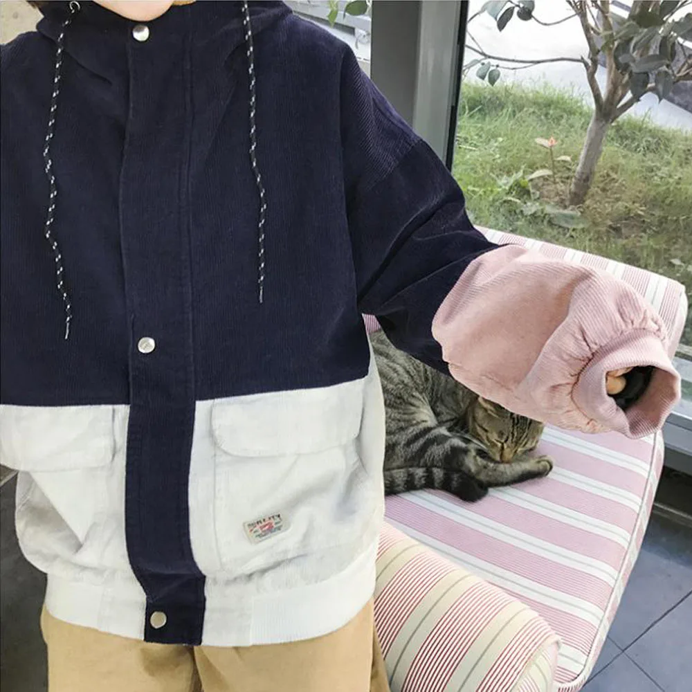 Harajuku Корейская куртка на молнии с капюшоном с цветным блоком Вельветовая с карманами K-pop куртка зима/осень 3XL женские куртки пальто