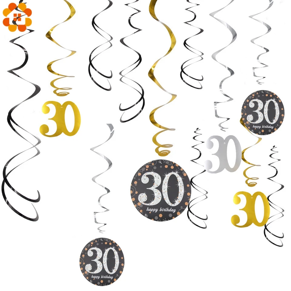 12PCS/Set Happy 18/30/40/50/60 Birthday Party Ceiling Hanging Swirl DIY Metallic Pendant Adult Decoration | Дом и сад