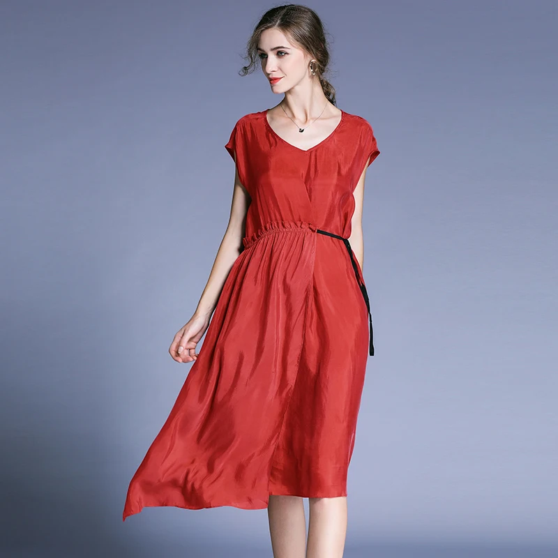 

summer dress short sleeve with sashes women plus size 2020 elegant casual fashion solid red blue work beach boho big dress 4xl