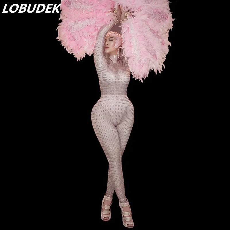 

Pink Rhinestones Skinny Jumpsuit Feather Fans Headdress Sexy Female Singer Stage Wear Nightclub Party Dancer Performance Costume