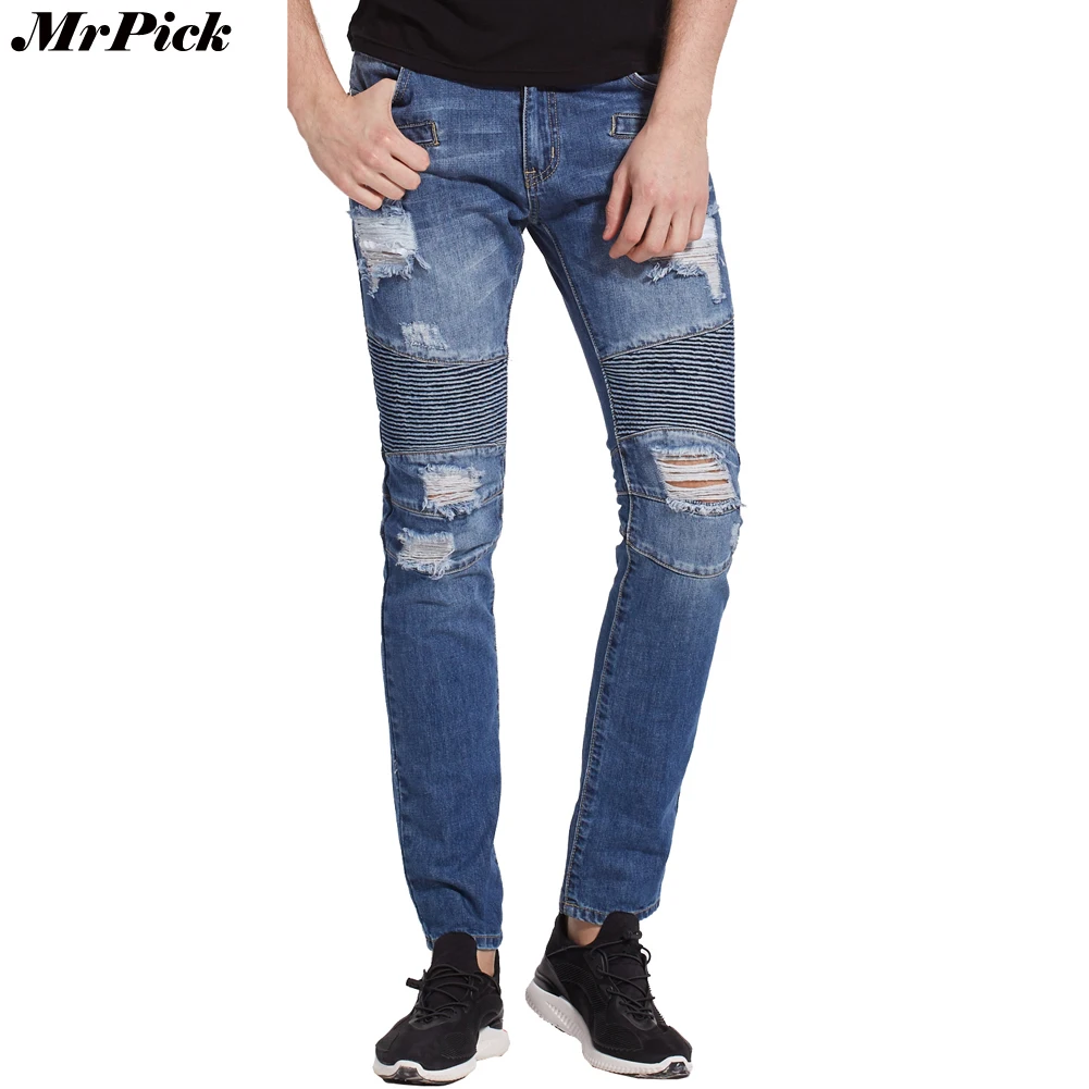 Новинка 2017 мужские потертые байкерские джинсы с дырками | Мужская одежда