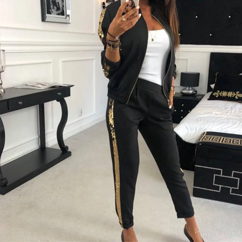 Черный Side Sequined Tracksuit For Women Two Piece Set Autumn Zipper Long Sleeve Patchwork Sports Streetwear Women's Tracksuits - Цвет: Черный