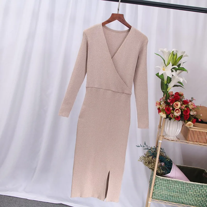 apricot ONLYSVTER трикотажное осеннее женское платье до колена с люрексом, блестящее платье-свитер с v-образным вырезом, сексуальное женское платье-пуловер - Цвет: apricot