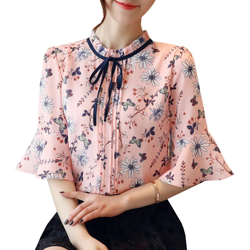 Новинка 2017 летняя шифоновая блузка с цветочным принтом женские повседневные