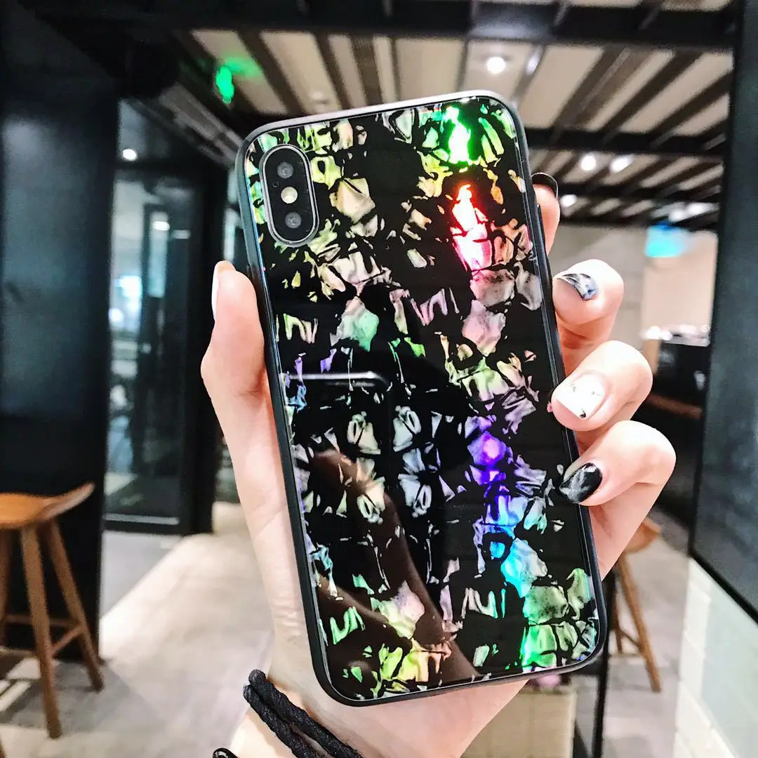Luxury laser Tempered Glass aurora Colorful TPU case for iphone 7 plus 8 6/6s Scratchproof X cover |