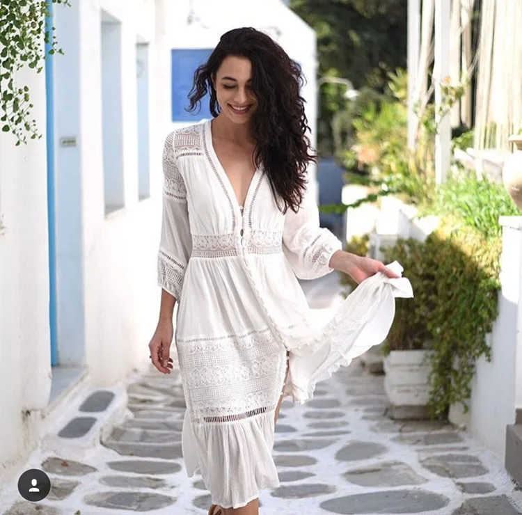 Женское платье с длинным рукавом boho белое вечернее глубоким вырезом и кружевной