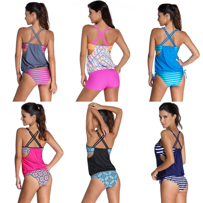 

Free shipping Women Tankini Swimsuit Hot Sale 4F41990 Summer Beach Stripes Top Briefs And Shorts Print Bathing Suit 2 Pieces Set