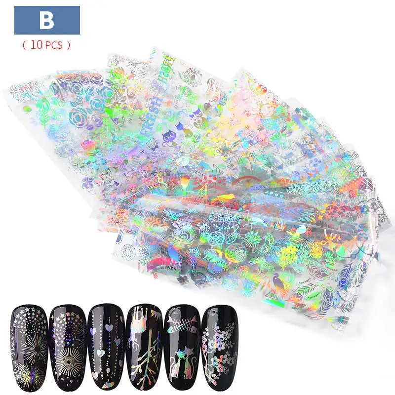 Set B mixed 10pcs 1 упаковка голографический лак для ногтей Фольга В набор входят 4 составляющих элемента* 20 cm смешанные конструкции передачи Стикеры звездное небо Бумага 3d УФ-гель лазерный Маникюр Nail Art Наклейки - Цвет: Set B mixed 10pcs