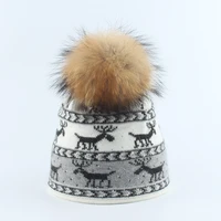 angora knit hat women winter autumn warm real raccoon fur pompom animal deer jacquard beanie skiing outdoor accessory gift