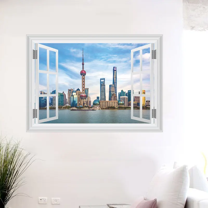 Oriental Pearl Tower 3d поддельные наклейки окна стены Гостиная Украшения в спальню