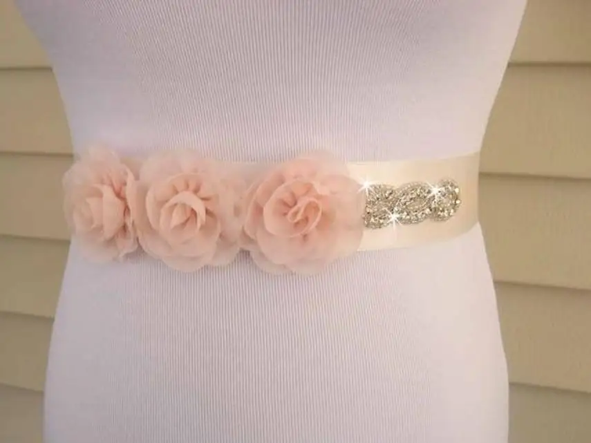 

Rhinestone and Flower Sash Bridal Sash Bridal Belt Ivory, Blush or White Satin Flower Girl Sash Wedding Belt