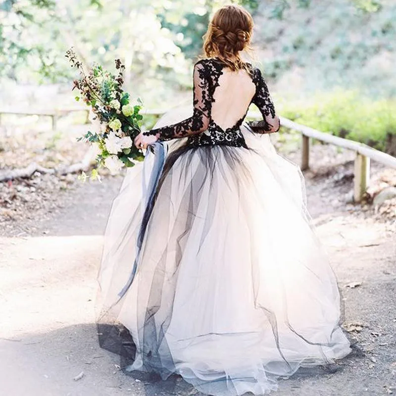 

Black Long Sleeves Lace A Line Wedding Dresses Off The Shoulder Tulle Backless Court Train Wedding Bridal Gowns