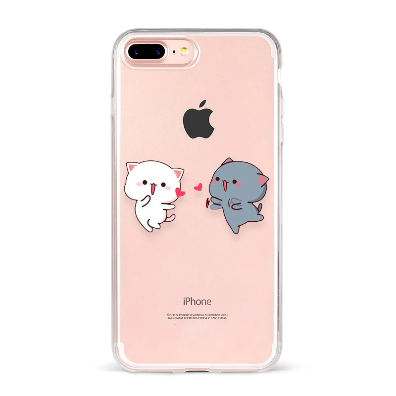 Peach Mochi Cat Cartoon Ctue lovely Love Couple Phone Case For iPhone 7 6 6S 8 PLUS X XS XR Max Transparente Soft Case For Girl - Цвет: TPU