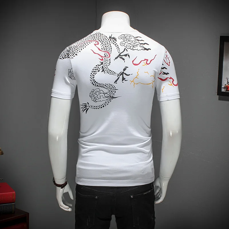 

Nice T-Shirt Men Slim Fit Plus Size Fashion Dragon Print Mens T Shirts Round Collar Casual Short Sleeve Tee Shirt Homme 5XL-M