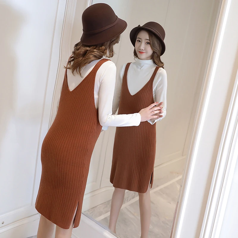 2018 Autumn Winter Postpartum Women Breastfeeding Cotton T-shirt+thickening Knitted Sundress Twinset Lactation Clothes | Мать и ребенок