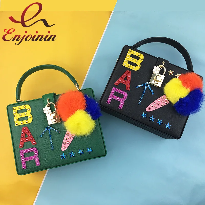 Красочные женские сумки в форме коробки с заклепками и звездами надписью