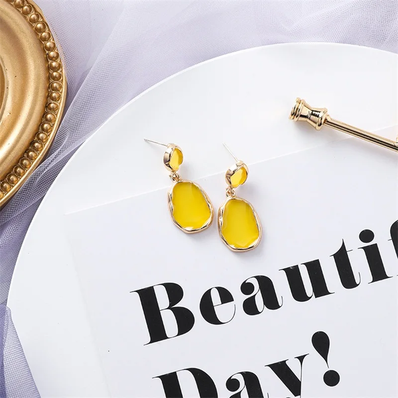 Korea Trends Geometry Acrylic Pendant Earrings Color Metal Long Women Summer Simple Joker Jewelry Accessories | Украшения и