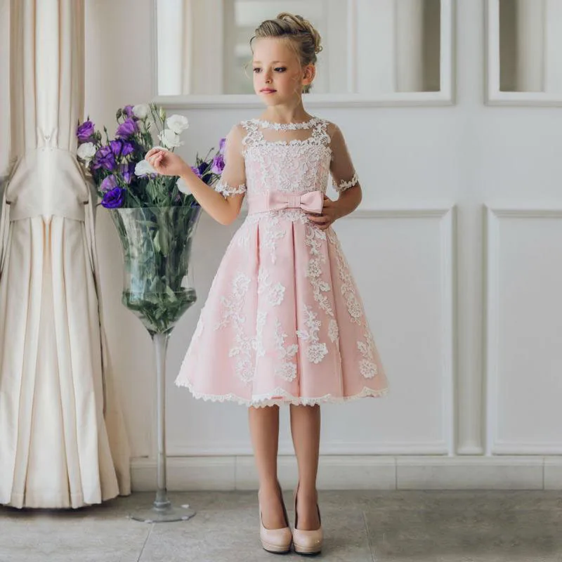 Новое поступление, детская юбка, белые кружевные платья принцессы с цветами для девочек, кружевные платья с аппликацией для причастия, плат...