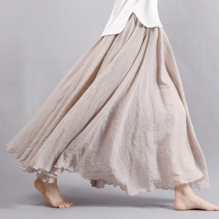 Beige Tataria/Женская юбка из хлопка и льна, плиссированная трапециевидная юбка с высокой талией, Женская винтажная Однотонная юбка с эластичной резинкой на талии до щиколотки - Цвет: Beige