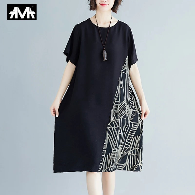 Женское свободное платье из хлопка и льна Повседневное средней длины с коротким