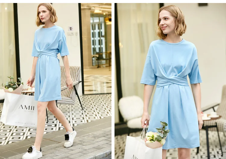 Amii Minimalist Women Dress Spring Summer Causal Solid Short Sleeve Belt Lace Up O Neck Cotton Elegant Female Dress