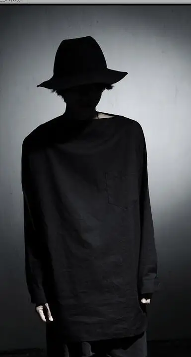 

M-6XL!!! 2017 Original design shirt slit neckline strapless shirt male personality loose medium-lon The singer's clothing