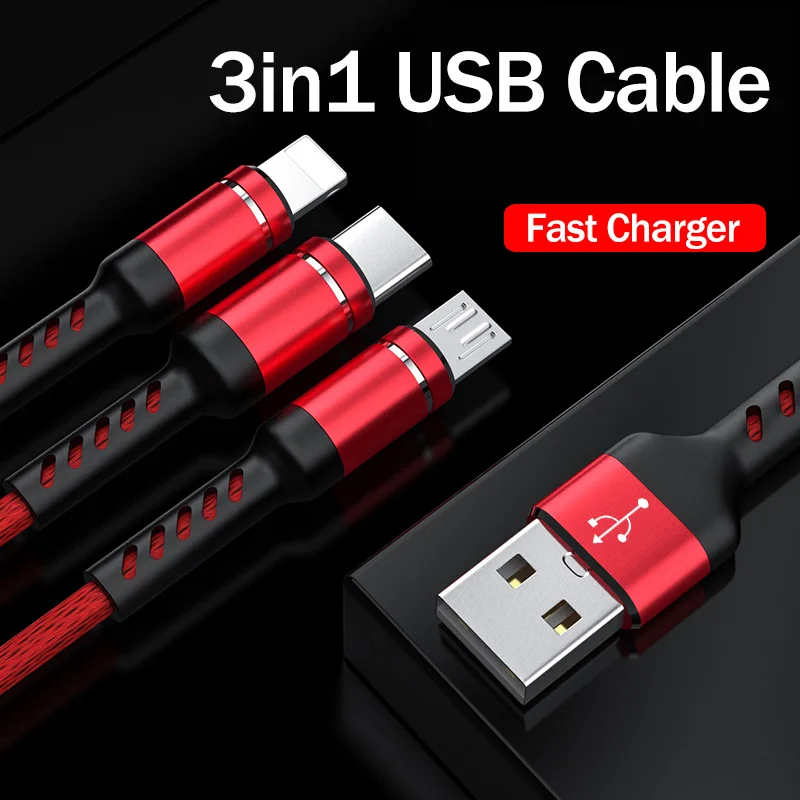 3 в 1 USB кабель для телефона передачи данных быстрой зарядки Android Type C мобильного Apple