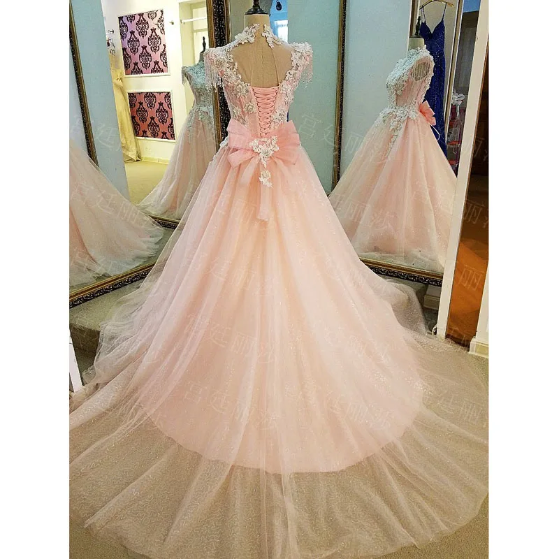 2017 розовые платья с жемчужинами и аппликацией трапециевидной формы для