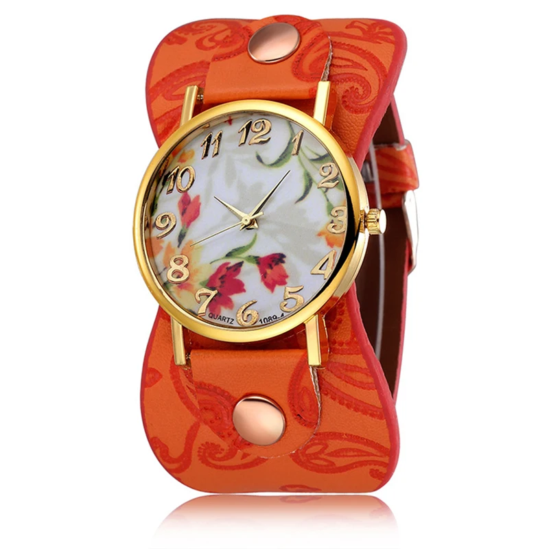 

Flower Dial Woman Watches Etra Wide Leather Strap Ladies Quartz Watch Relogio Feminino Creative Watches for Women Montre Femme