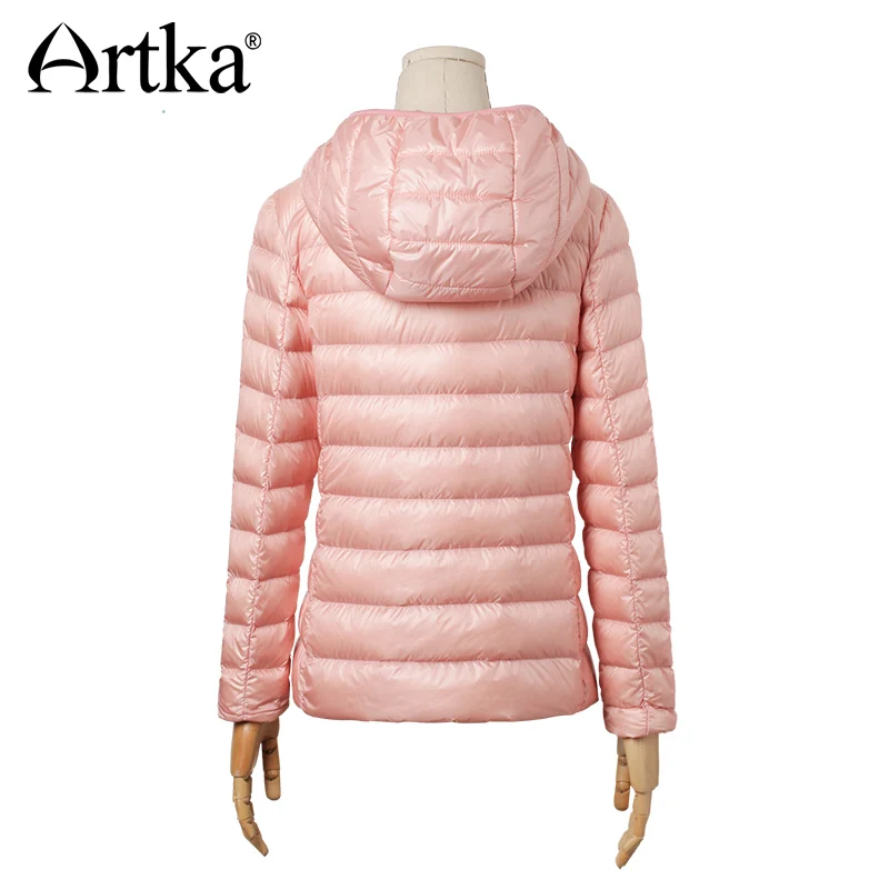 ARTKA, осень и зима, ультра-светильник, короткий женский пуховик, 90% белый утиный пух, женское тонкое пальто с капюшоном DK11262D