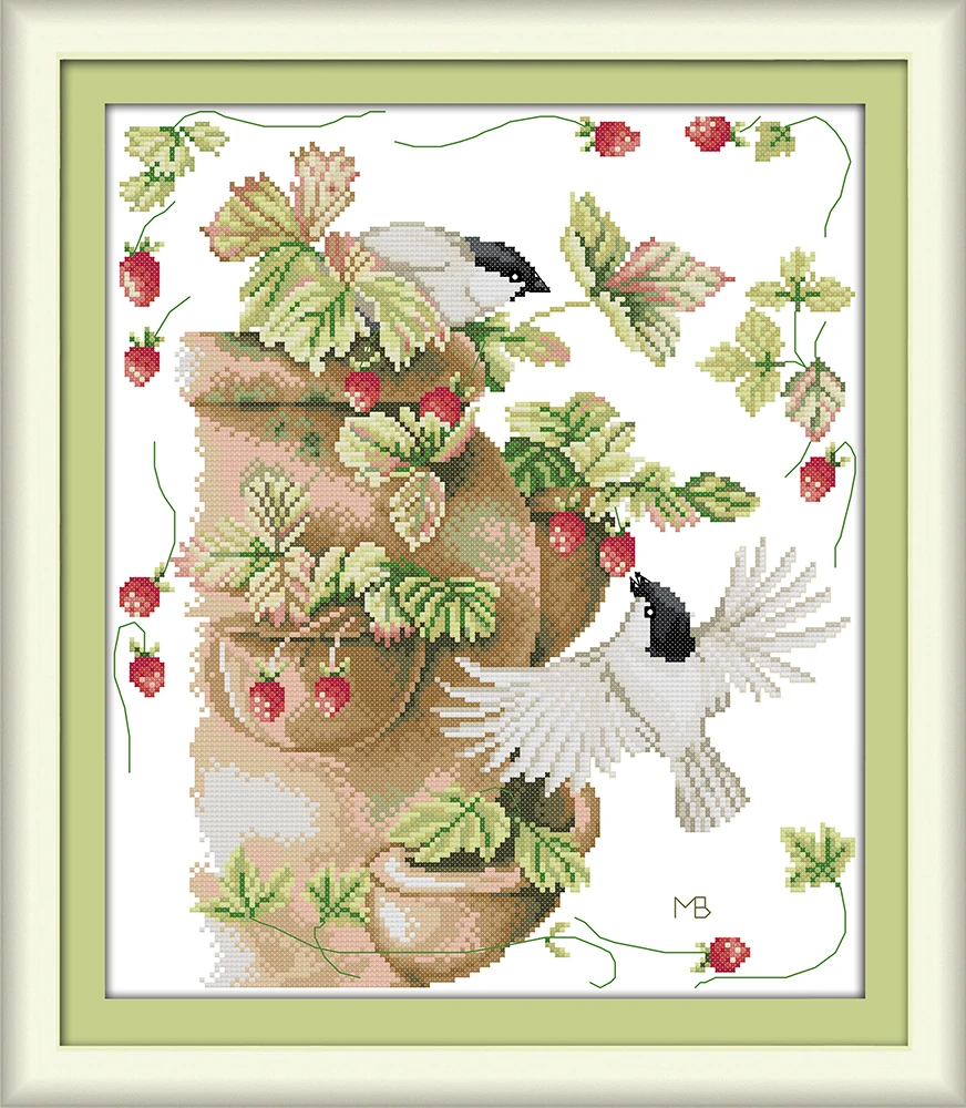 

Birds and strawberries cross stitch kit aida 14ct 11ct count printed canvas stitches embroidery DIY handmade needlework