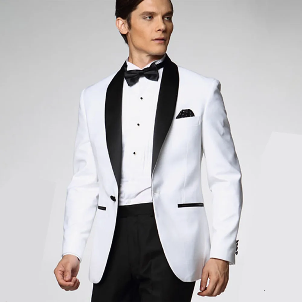 White Tuxedo Jacket Black Lapel Custom Made Suit white jacket + black pants tie pocket square Wedding Suits For Men | Мужская одежда