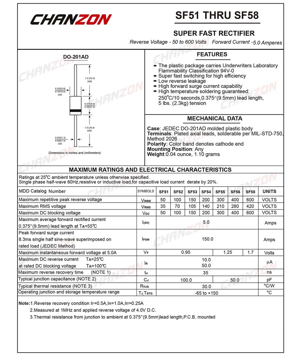 (20 шт.) SF56 супер быстрое восстановление выпрямительного диода 5A 400 V 35ns DO-201AD (DO-27)