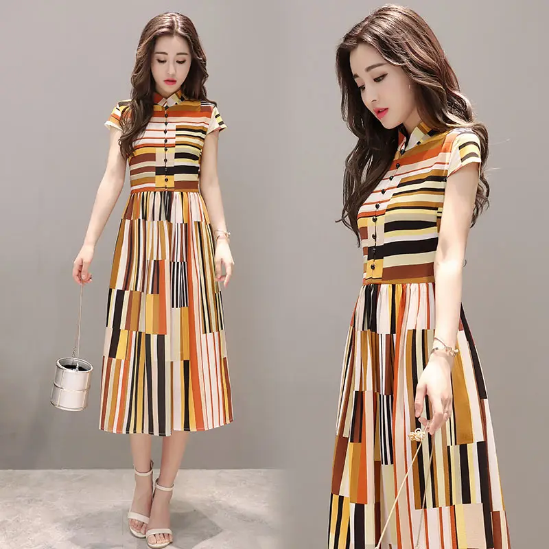 2018 новое летнее женское платье с коротким рукавом средней длины воротник
