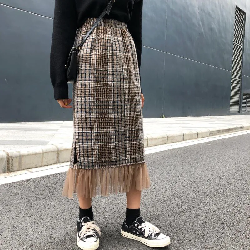 Осень-зима женские юбки Harajuku модные сетчатые строчки с эластичной резинкой на талии шерстяные юбки для девочек ретро клетчатые миди юбки низ