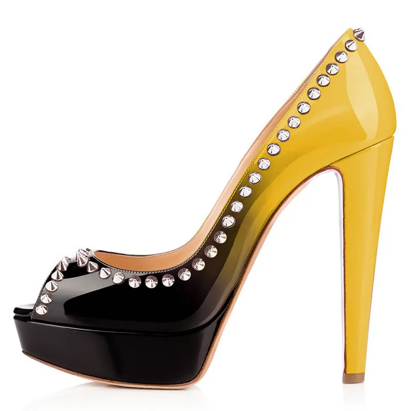 FSJ Women Fashion Yellow Black Gradient Shoes Peep Toe Platform Pumps High Heels Slip On Rivets Studded Dress Size 4-16 US | Обувь