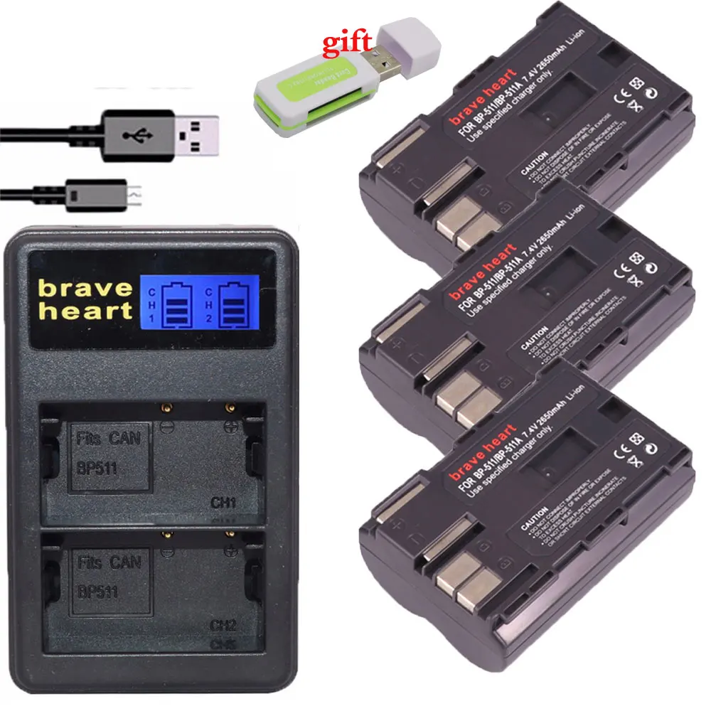 charger and 3battery 4x BP 511 511A BP511 BP-511 Батарея+ ЖК-дисплей USB Зарядное устройство для Canon 300D 10D 20D 30D 40D 50D PowerShot G1 G2 G3 G5 G6 90 90IS камера - Цвет: charger and 3battery