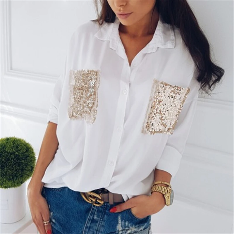 Блузка женская шифоновая с длинным рукавом блестками и карманами|blouse fashion|fashion