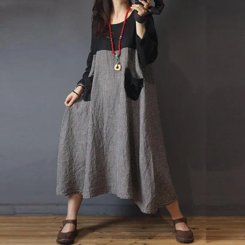 ZANZEA Women Autumn Plaid Dresses Casaul Long Sleeve Patchwork Baggy Maxi Dress Female Robe Kaftans Vintage Vestidos Plus Size