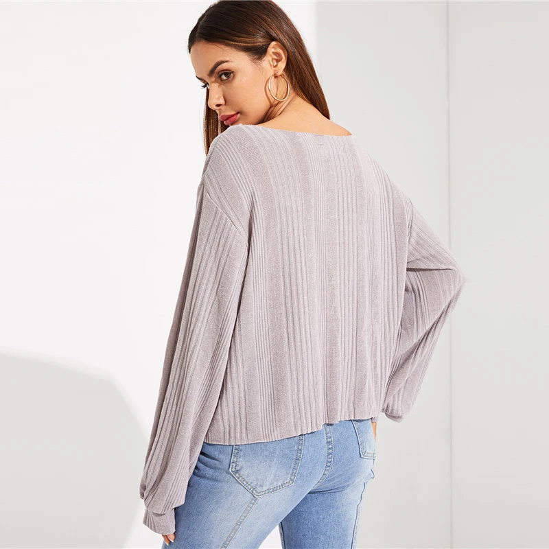 SHEIN Трикотажная Блуза С Глубоким Вырезом, Однотонный Джемпер С Длинным Рукавом
