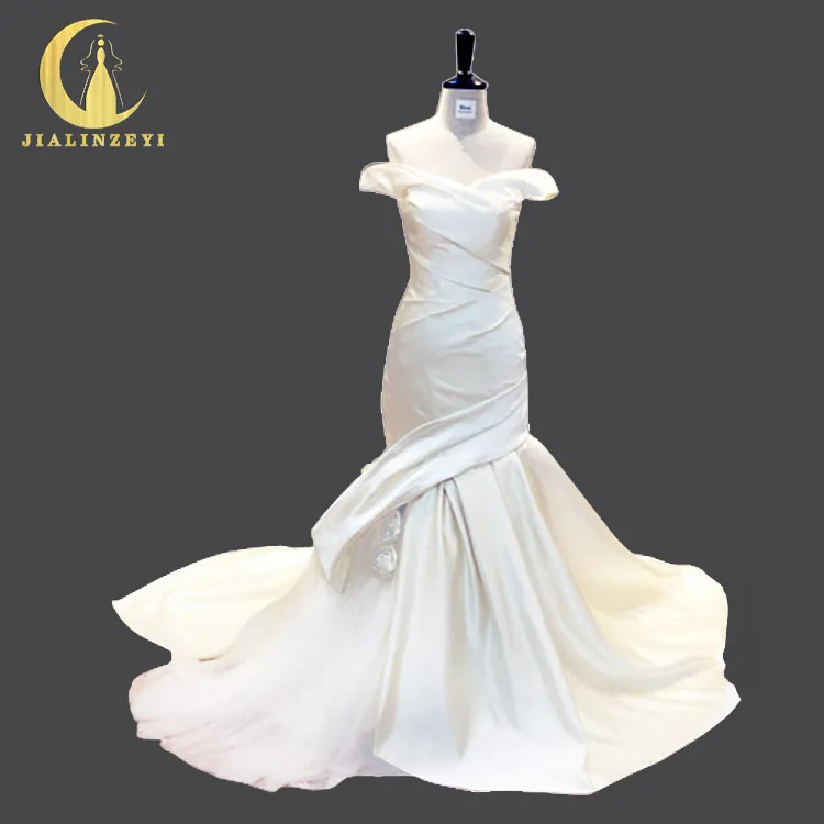 

JIALINZEYI Real Picture Off The Shoulder Pleat Mermaid With Hanf Flowers Sexy Lace up Wedding Dresses Wedding Gown